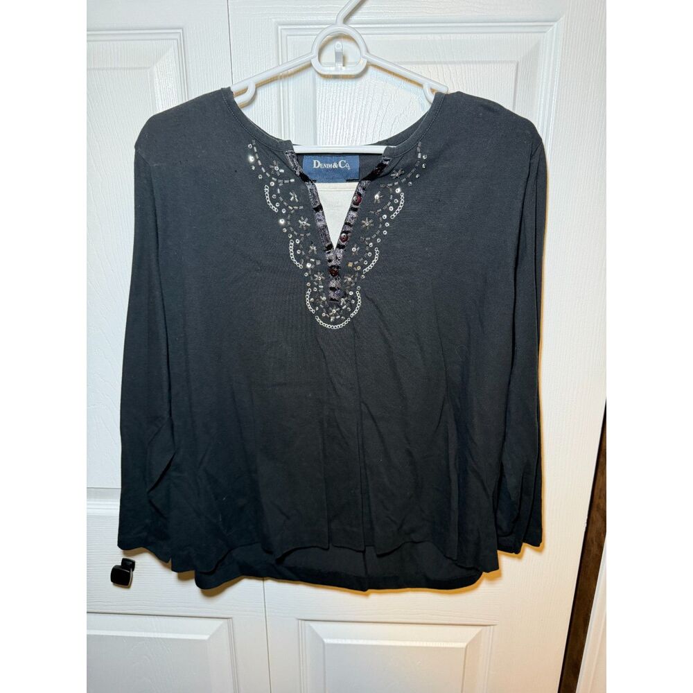 Denim & Co Women’s XL Black Beaded Embellished Henley Long Sleeve Top 1802